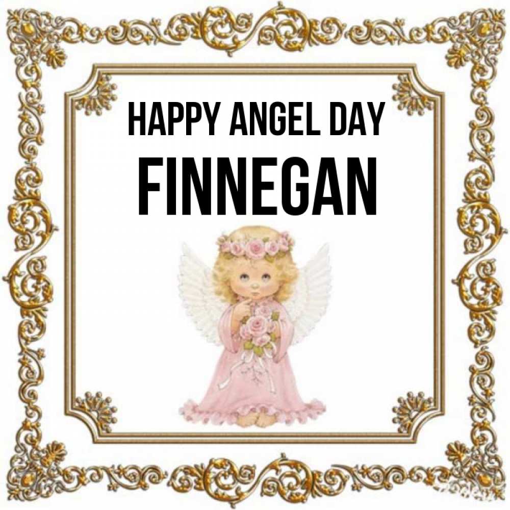 Greetings card с именем, Finnegan happy angel day девочка ангел с крыльями и цветами в розовом платье Greetings with text for free download 