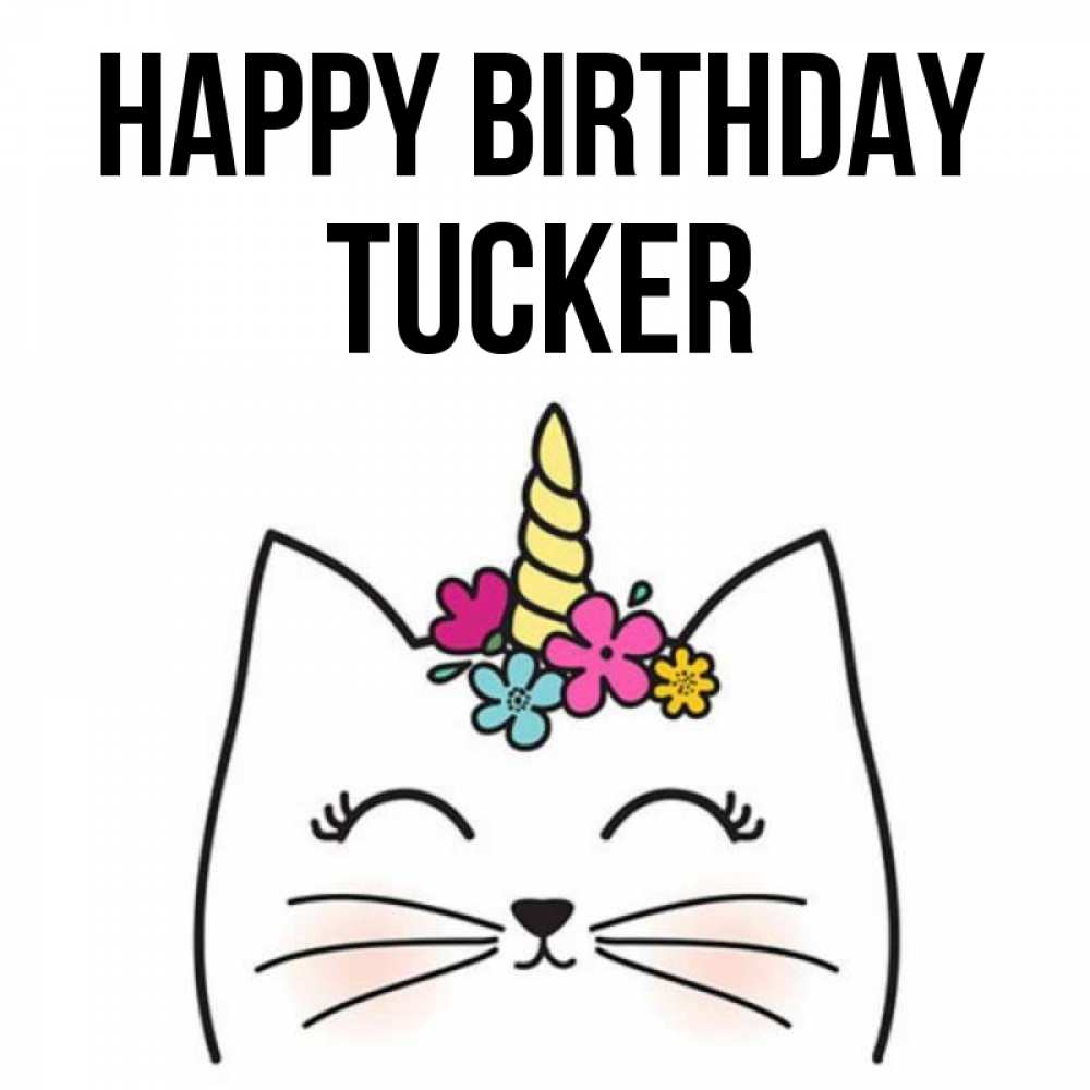 Greetings card с именем, Tucker Happy Birthday милый кот с одним рожком Greetings with text for free download 