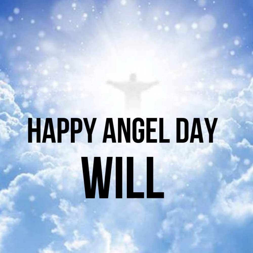Greetings card с именем, Will happy angel day ангел на облаках в свете солнца Greetings with text for free download 