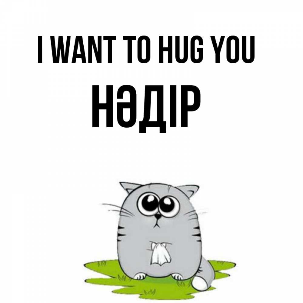 Greetings card с именем, НӘДІР I want to hug you котик теребит платочек сидя на травке Greetings with text for free download 