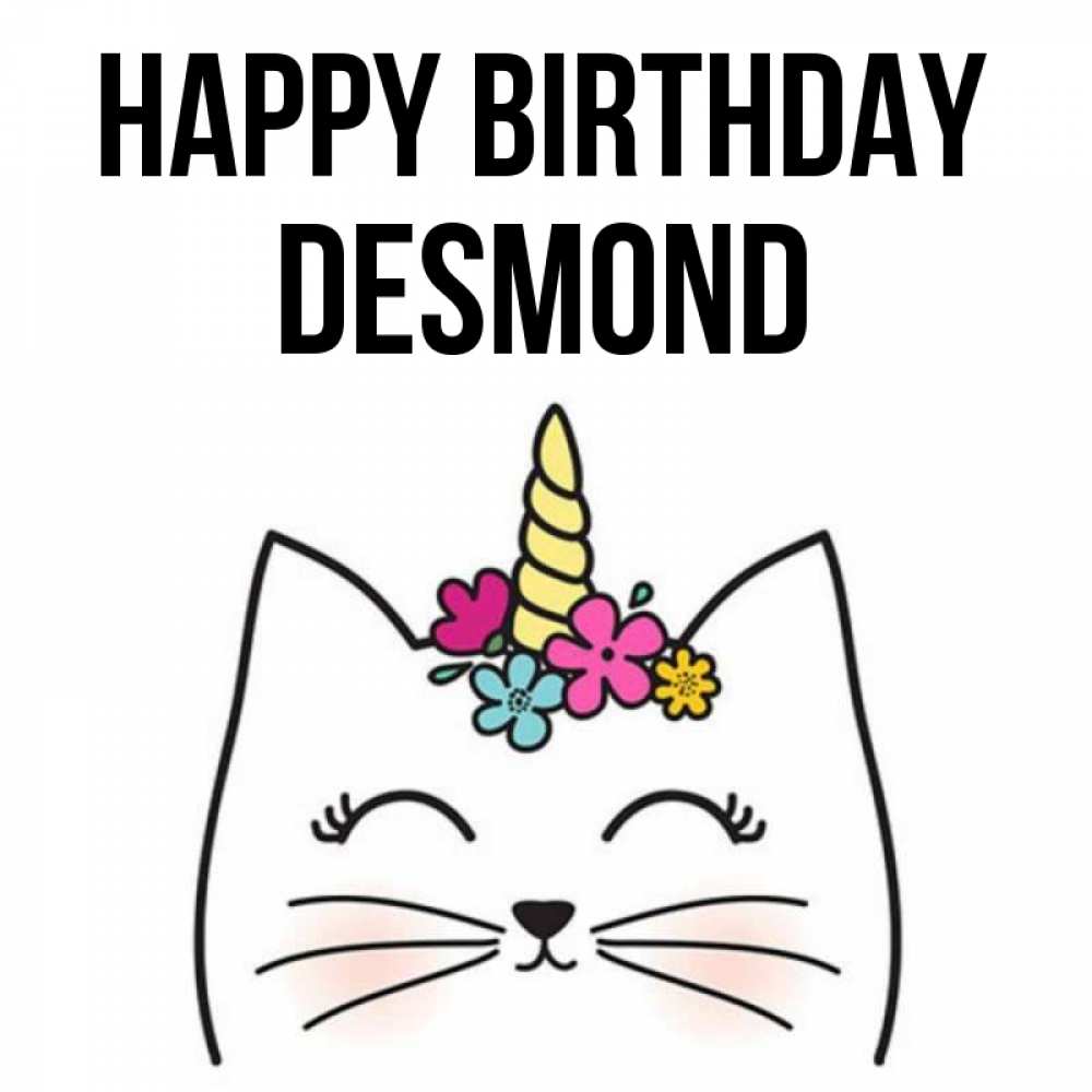 Greetings card с именем, Desmond Happy Birthday милый кот с одним рожком Greetings with text for free download 