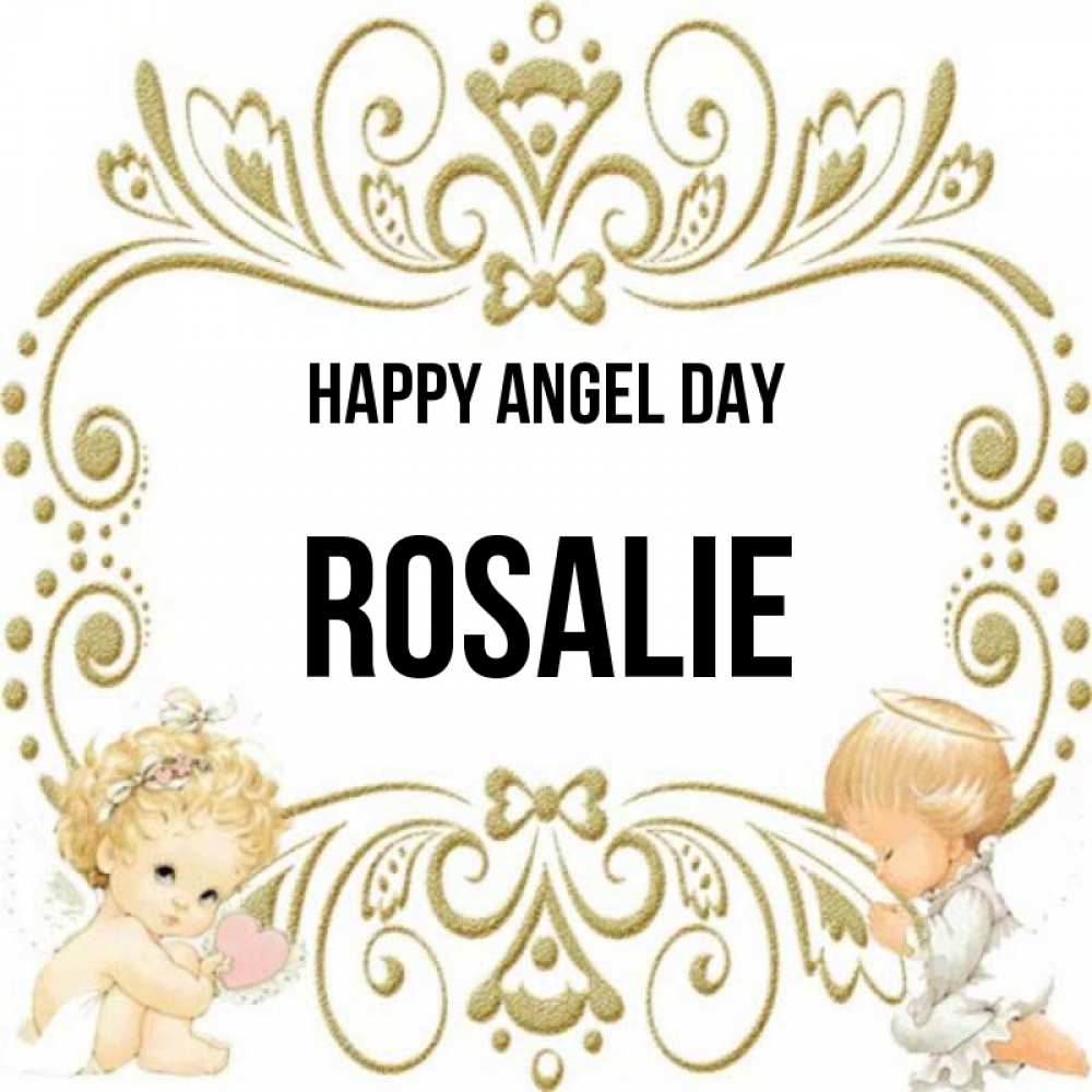 Greetings card с именем, Rosalie happy angel day с именинами поздравляют два красивых ангела. Один с сердечком другой молится Greetings with text for free download 