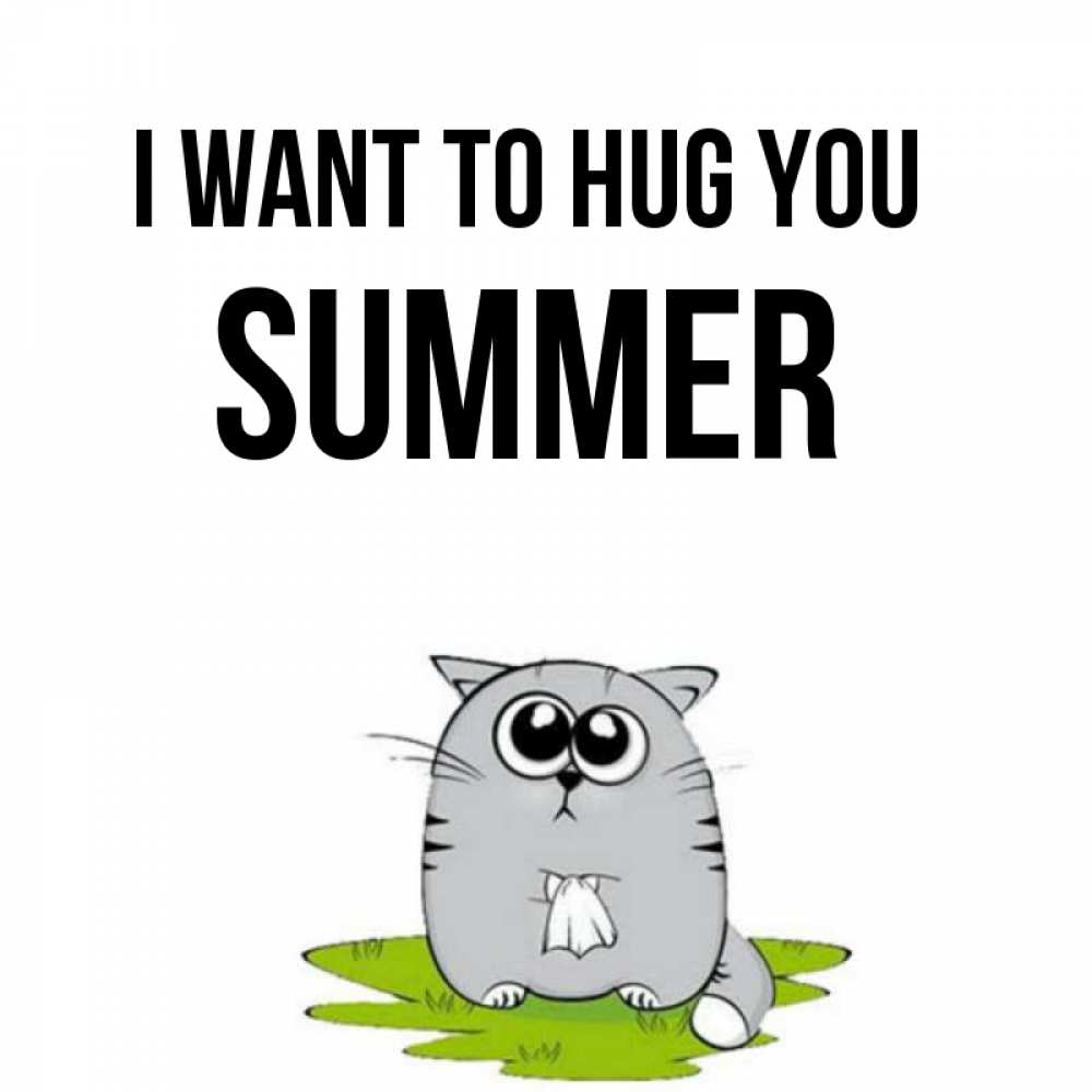 Greetings card с именем, Summer I want to hug you котик теребит платочек сидя на травке Greetings with text for free download 