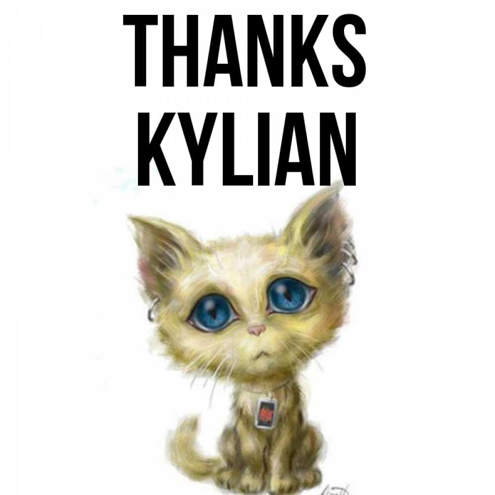 Greetings card с именем, Kylian Thanks рисованный кот благодарит вас Greetings with text for free download 