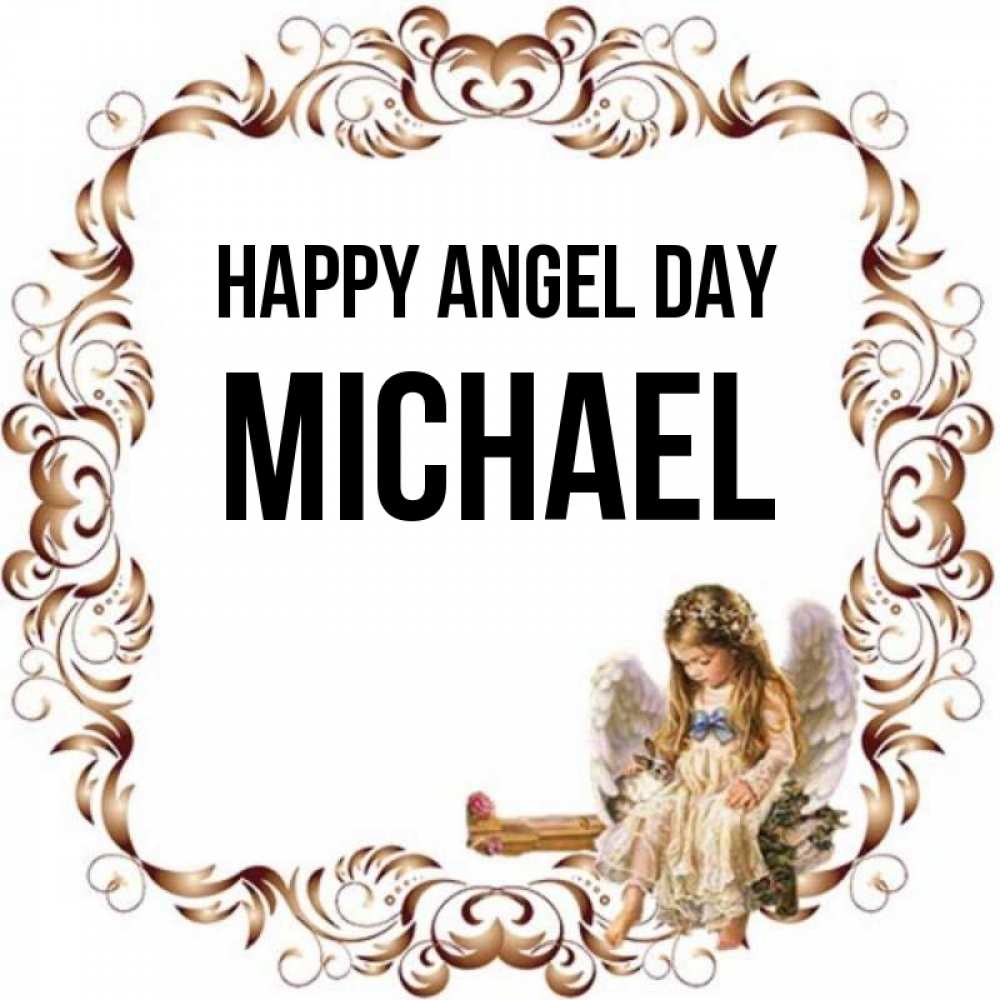 Greetings card с именем, Michael happy angel day рамочка из перьев и ангелочек Greetings with text for free download 
