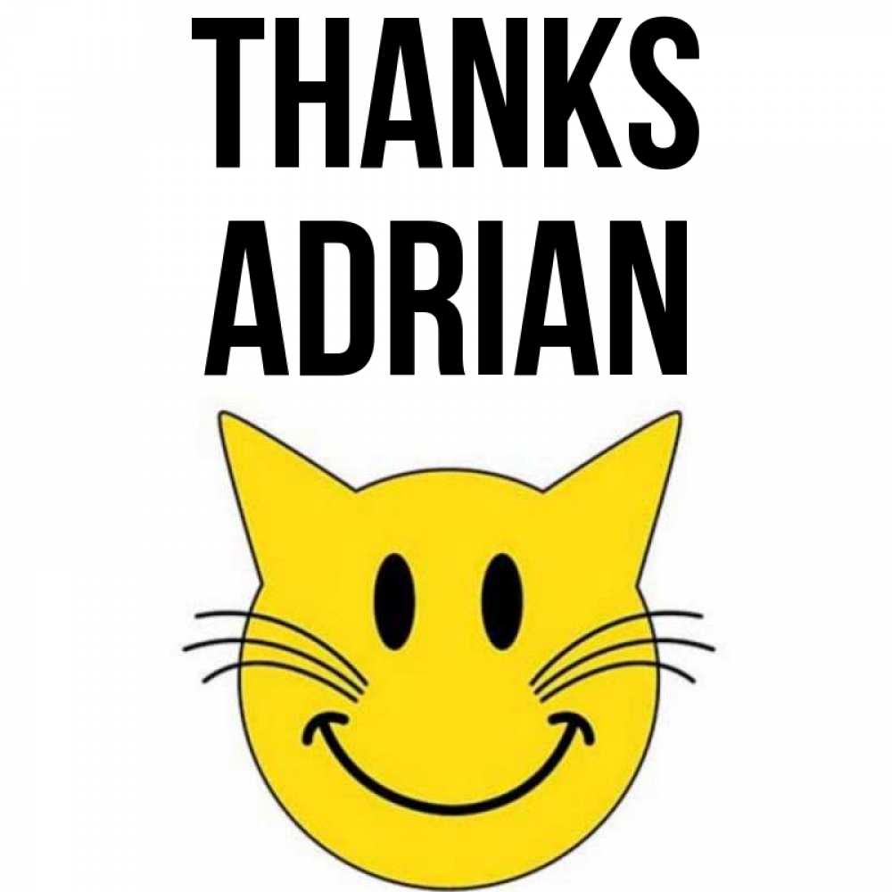 Greetings card с именем, Adrian Thanks улыбающийся смайл кот Greetings with text for free download 