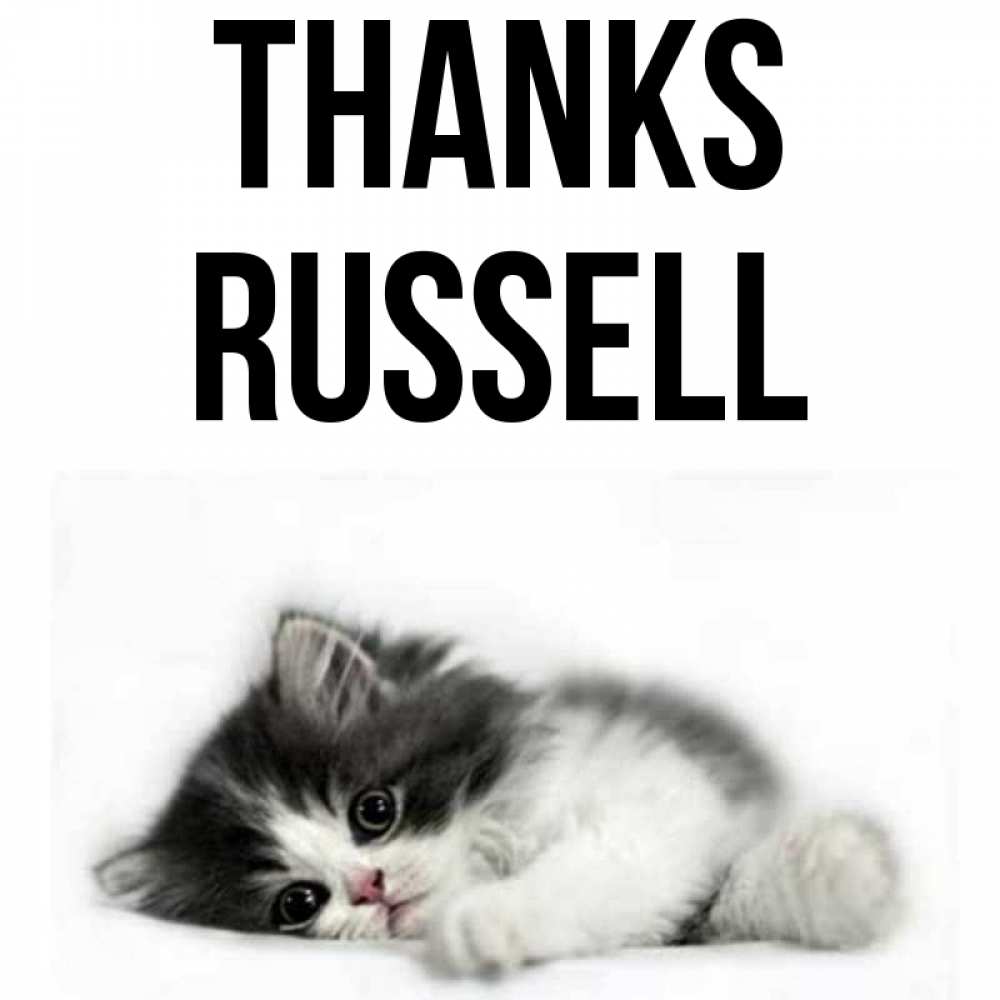 Greetings card с именем, Russell Thanks черный и белый кот Greetings with text for free download 