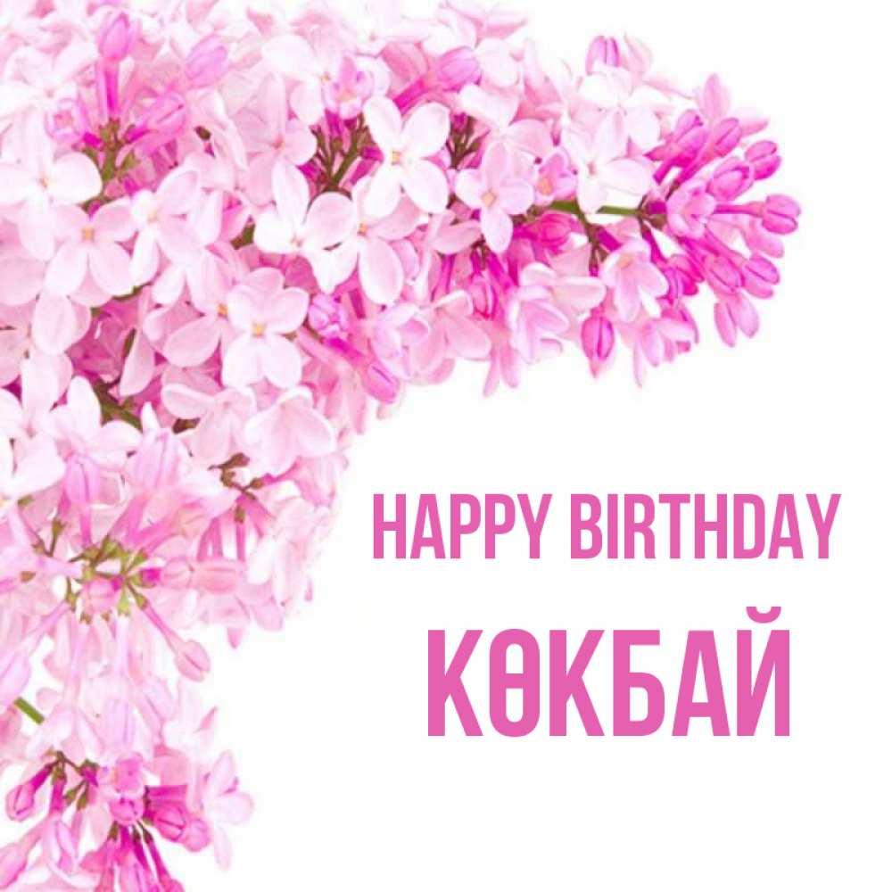 Greetings card с именем, Көкбай Happy Birthday Сирень на белом фоне Greetings with text for free download 