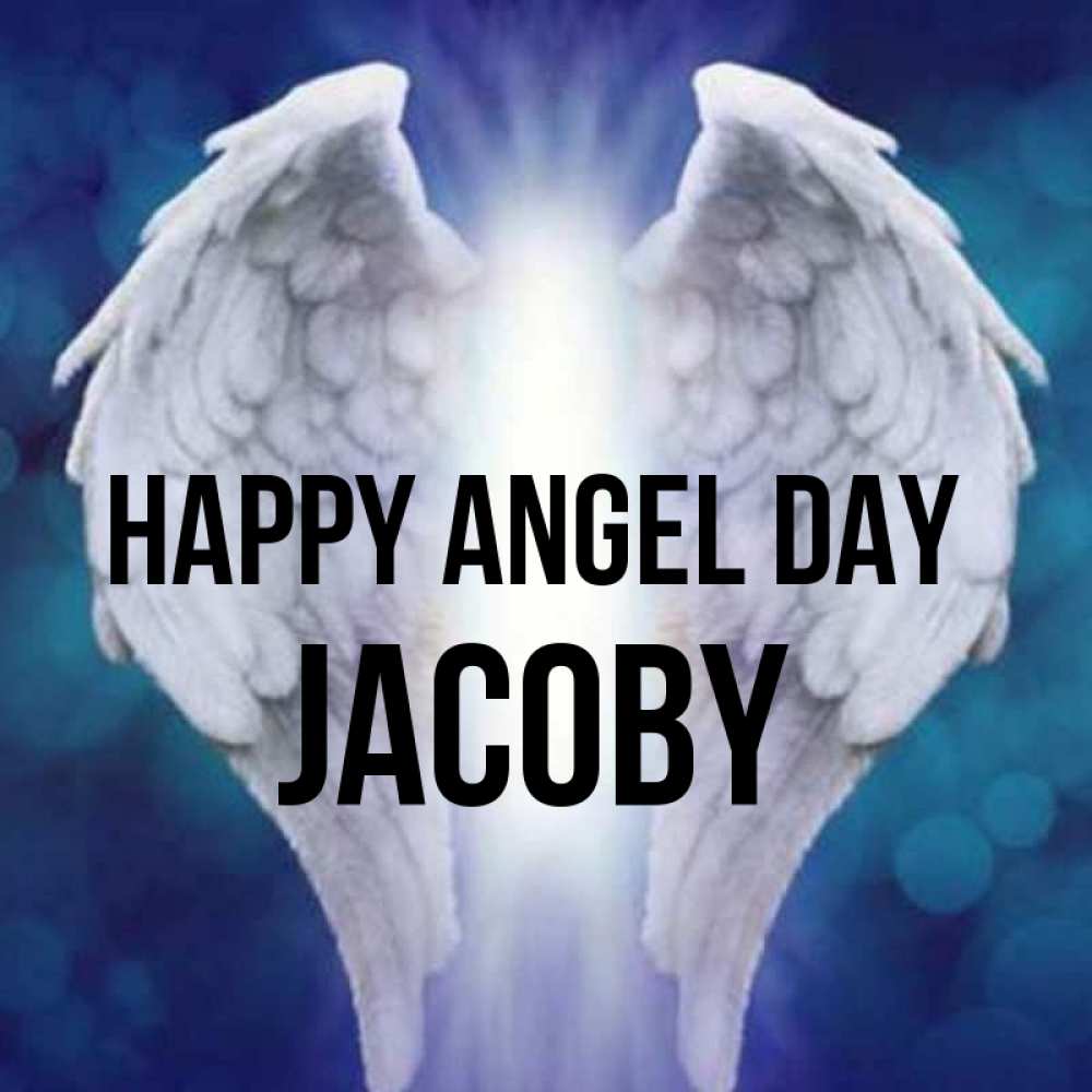 Greetings card с именем, Jacoby happy angel day синий фон и крылышки Greetings with text for free download 
