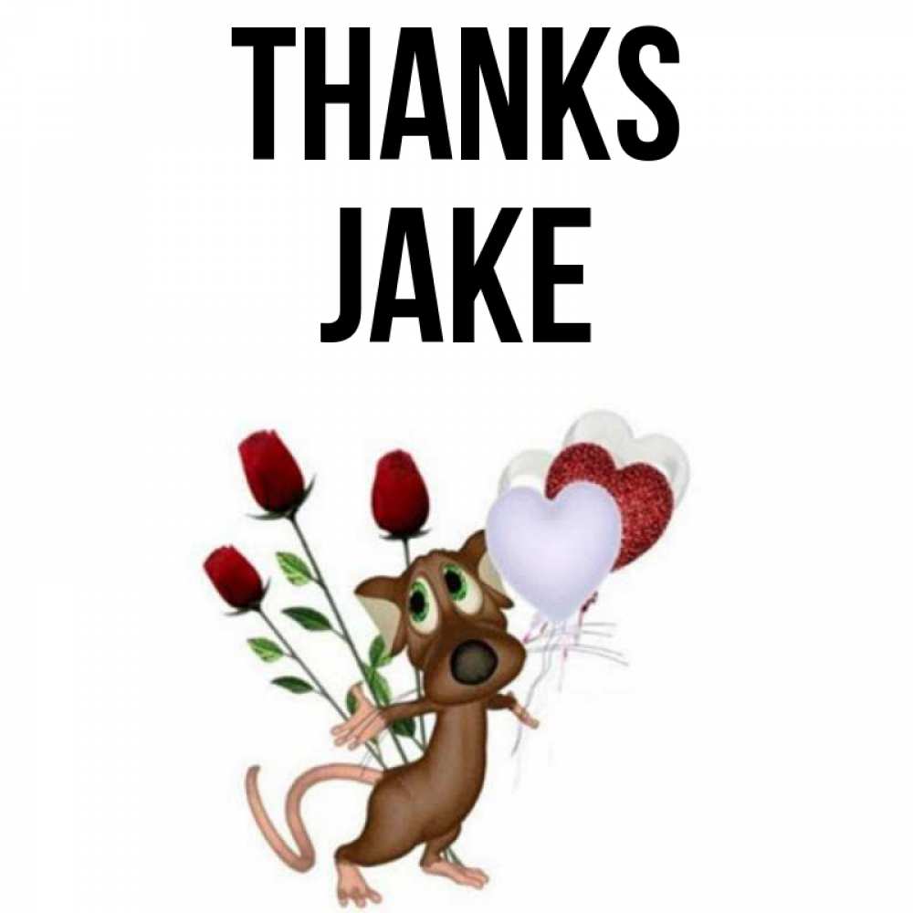 Greetings card с именем, Jake Thanks песик с шариками в форме сердец Greetings with text for free download 