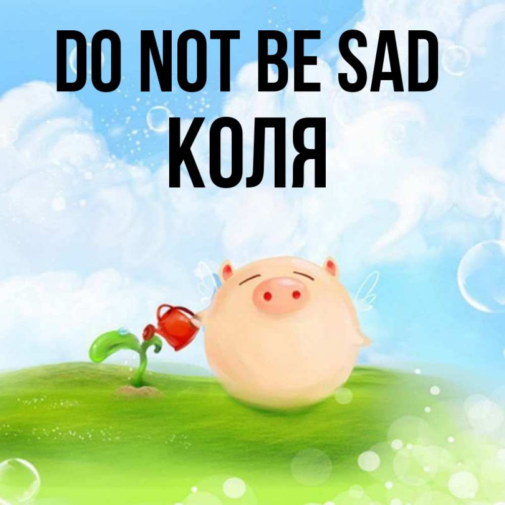 Greetings card с именем, Коля Do not be sad поливает цветок порося Greetings with text for free download 