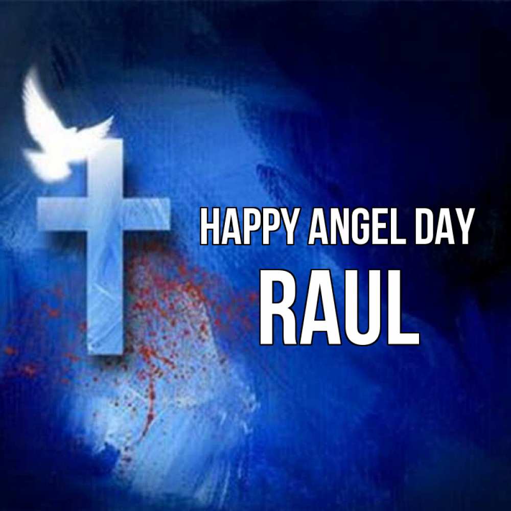 Greetings card с именем, Raul happy angel day Синий фон и птица Greetings with text for free download 