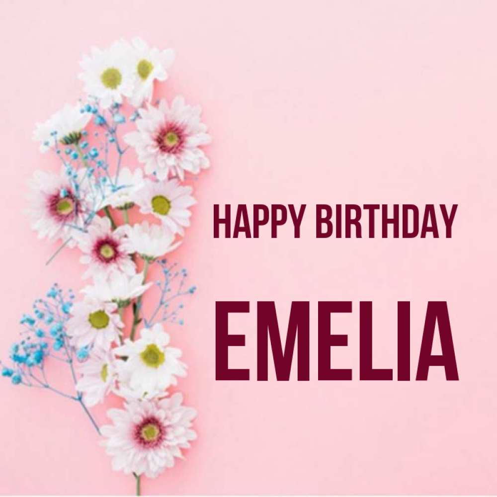Greetings card с именем, Emelia Happy Birthday Родная моя с днем рождения тебя картинка с цветами белыми и голубыми Greetings with text for free download 