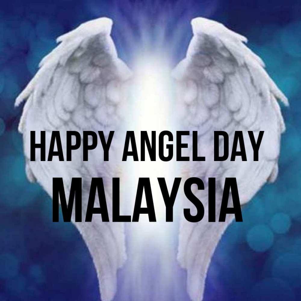 Greetings card с именем, Malaysia happy angel day синий фон и крылышки Greetings with text for free download 