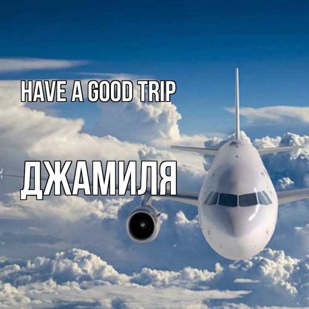 Greetings card с именем, Джамиля Have a good trip голубое небо и белоснежный самолет Greetings with text for free download 