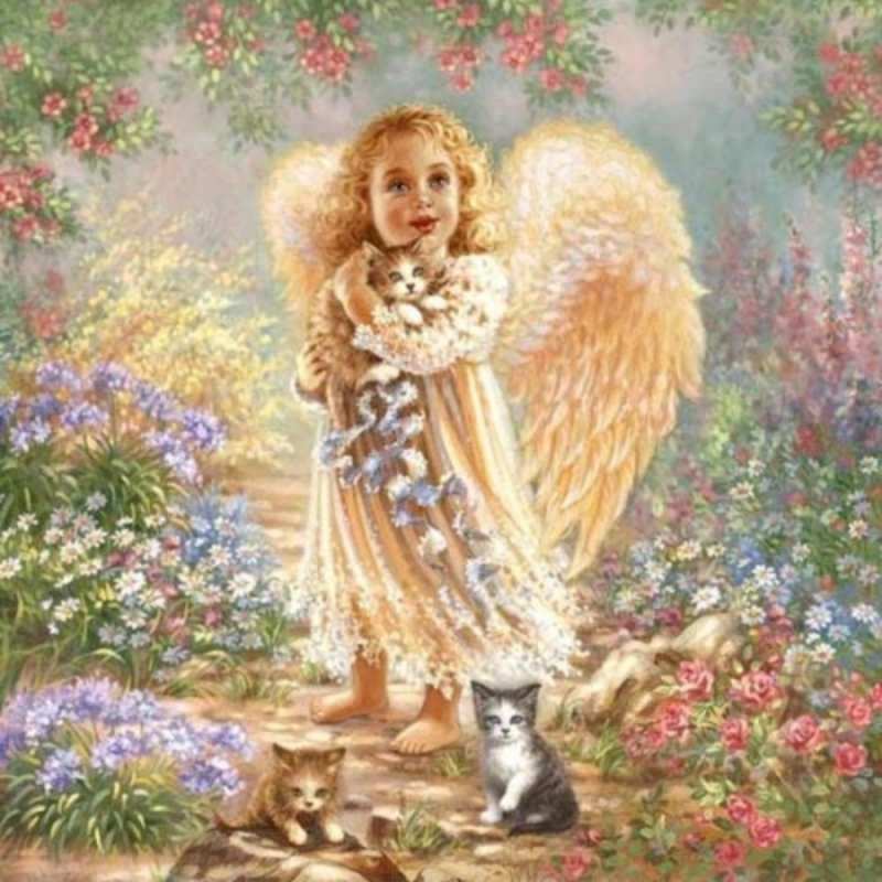 Открытка девочка с крыльями  держит котенка  happy angel day 