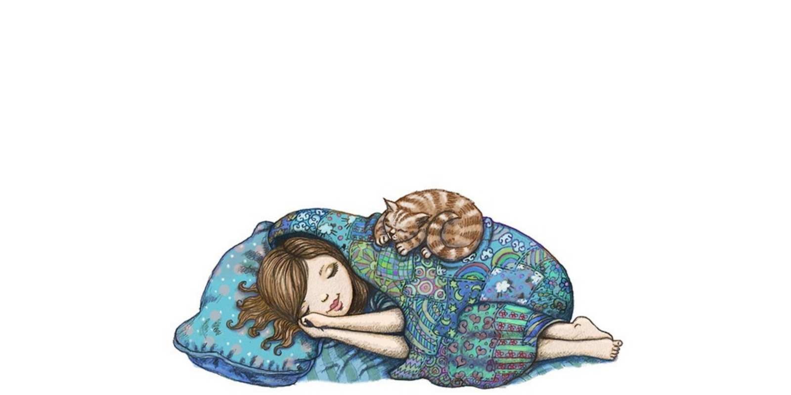 Открытка девочка спит с котом пожелания сладких снов для подруги Good night 