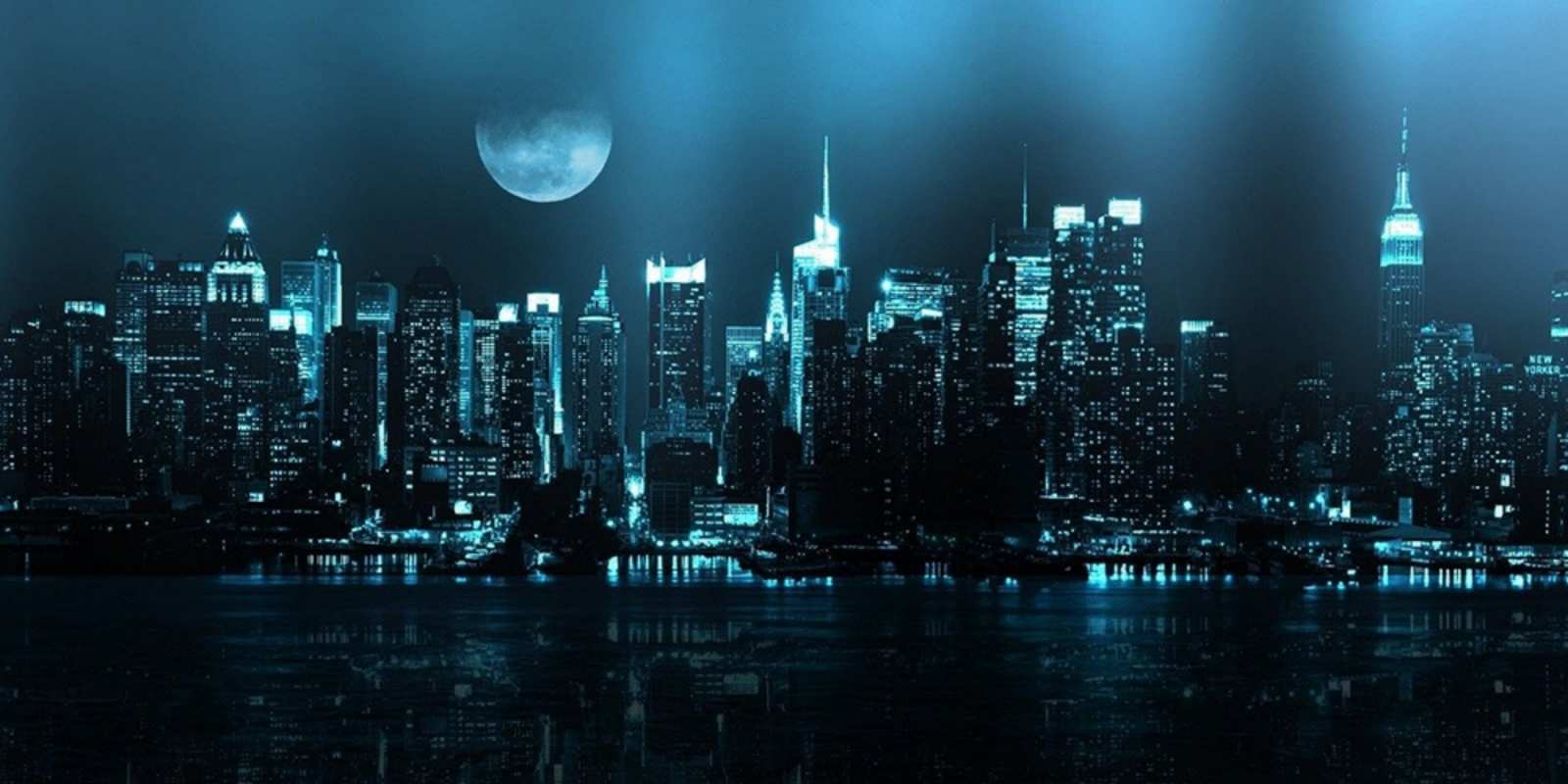 Открытка ночной город и луна городской пейзаж Good night 