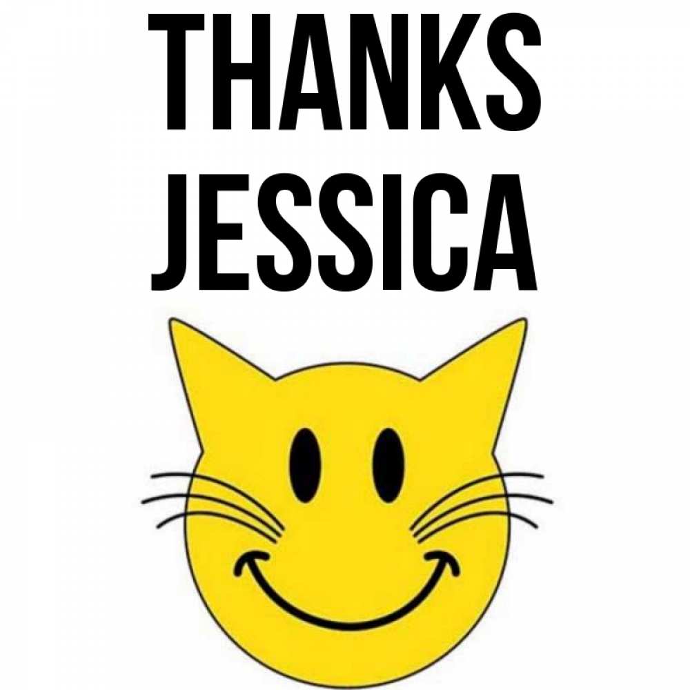 Greetings card с именем, Jessica Thanks улыбающийся смайл кот Greetings with text for free download 