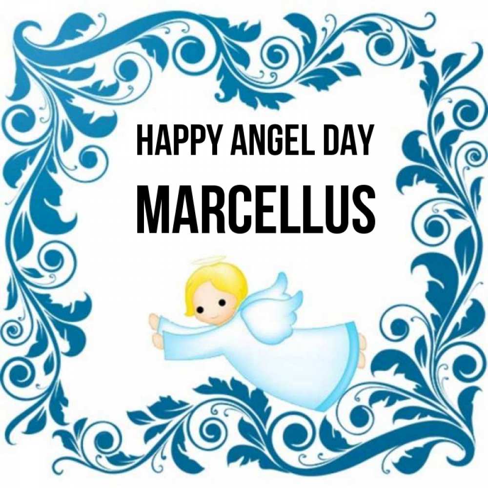Greetings card с именем, Marcellus happy angel day девочка ангел и синяя рамка Greetings with text for free download 