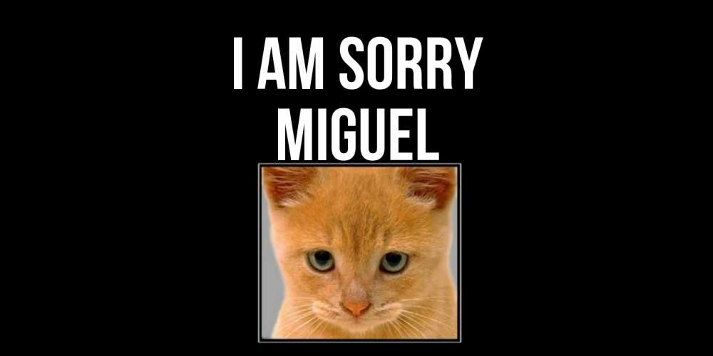 Greetings card с именем, Miguel I am sorry рыжий грустный кот просит прощения Greetings with text for free download 