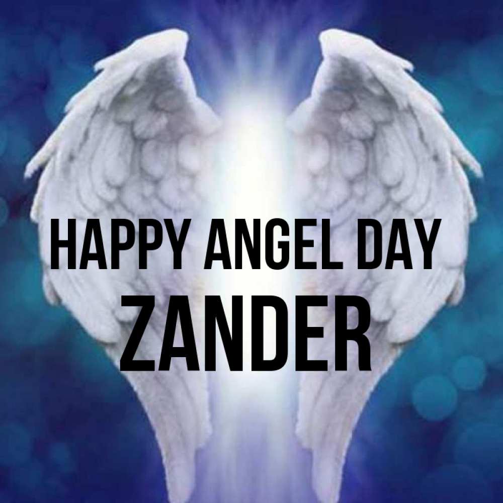 Greetings card с именем, Zander happy angel day синий фон и крылышки Greetings with text for free download 