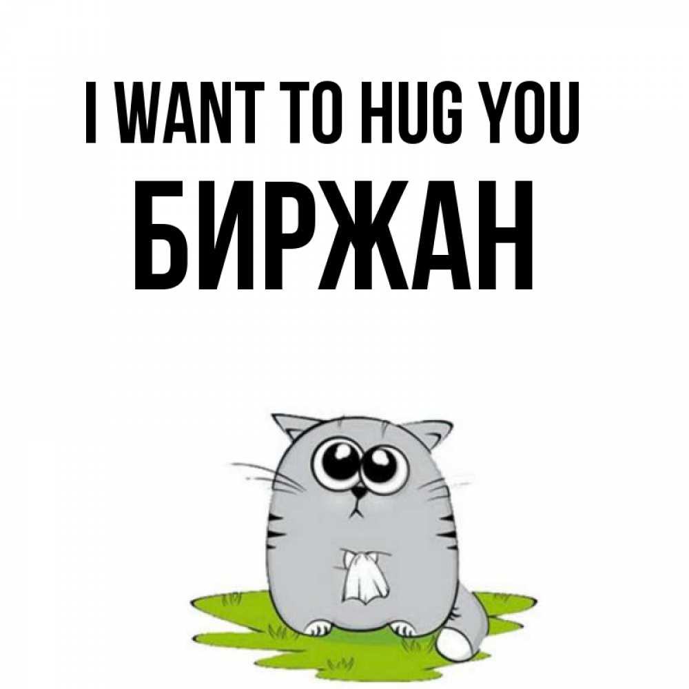 Greetings card с именем, Биржан I want to hug you котик теребит платочек сидя на травке Greetings with text for free download 