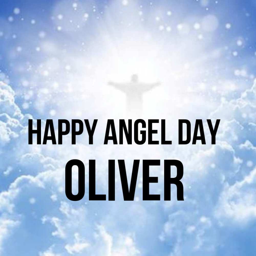 Greetings card с именем, Oliver happy angel day ангел на облаках в свете солнца Greetings with text for free download 