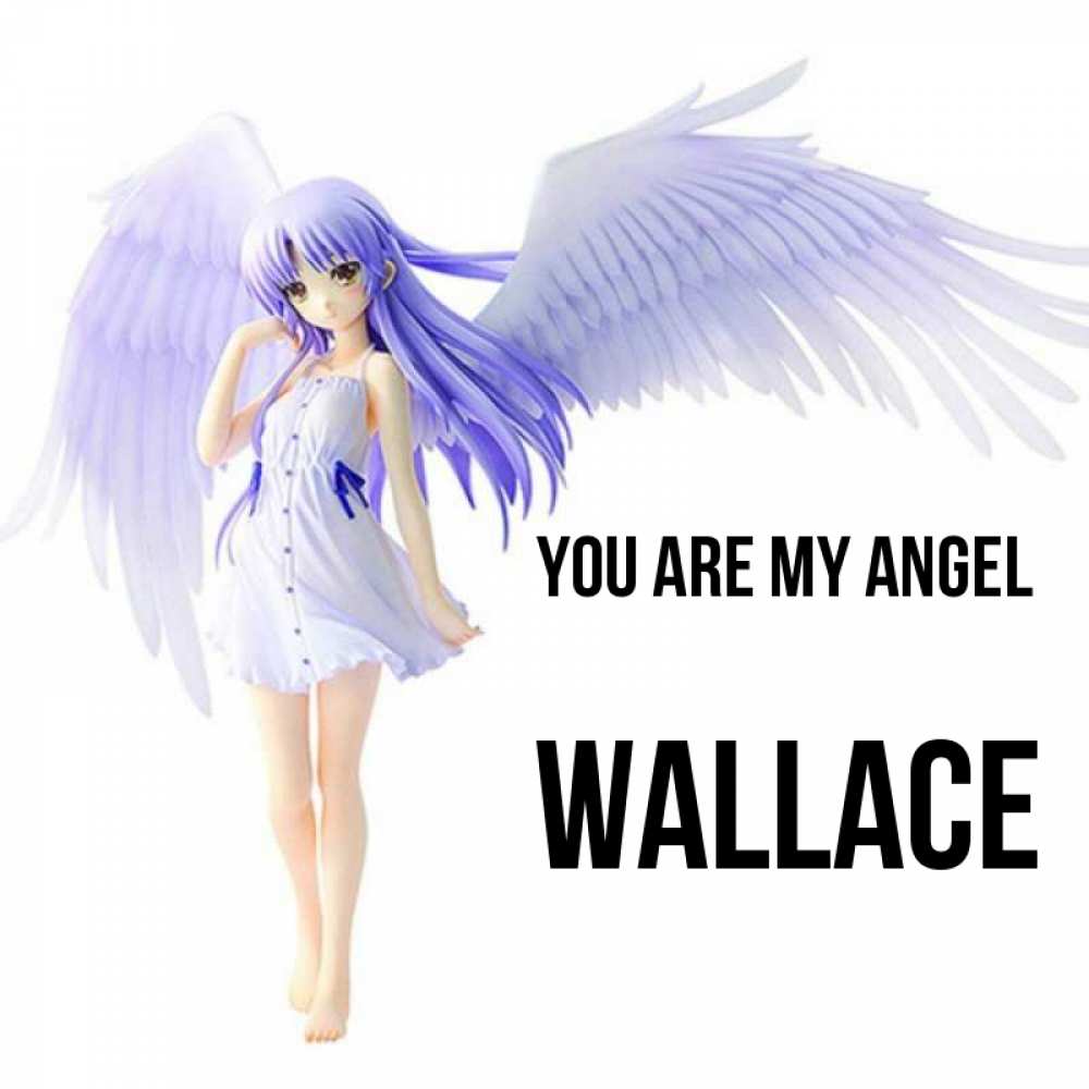 Greetings card с именем, Wallace You are my angel девушка ангел с фиолетовыми крыльями Greetings with text for free download 