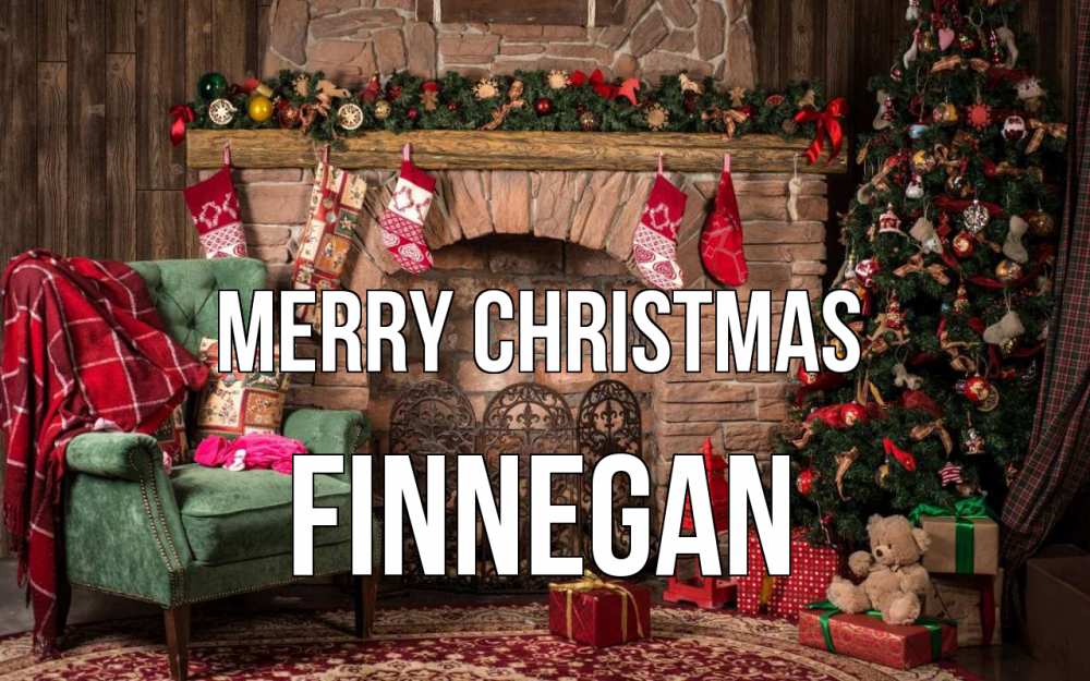 Greetings card с именем, Finnegan Merry Christmas рождество, камин, ель Greetings with text for free download 