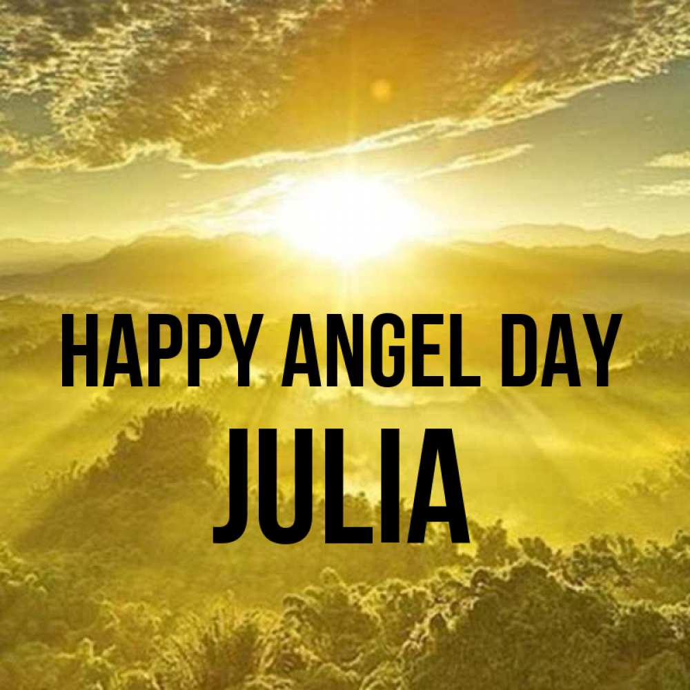 Greetings card с именем, Julia happy angel day леса и небо в желтом Greetings with text for free download 