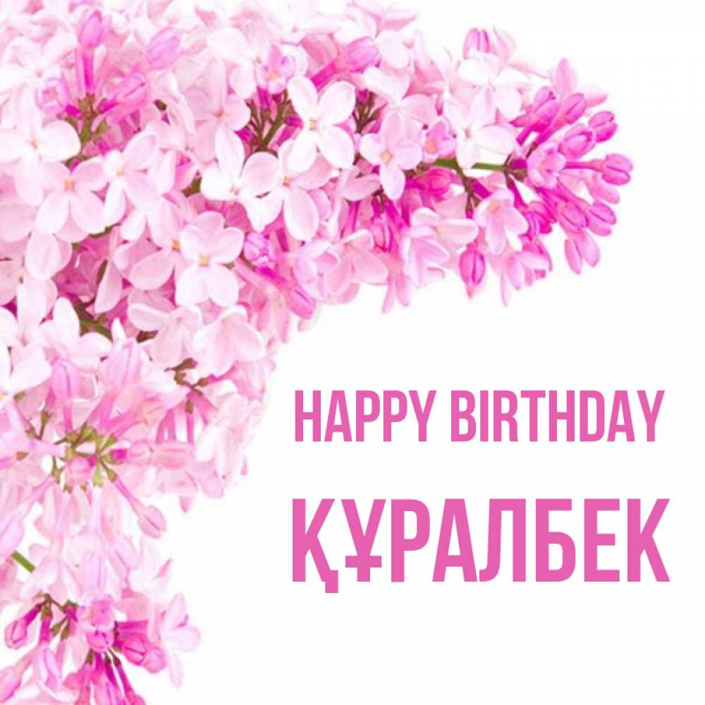 Greetings card с именем, ҚҰРАЛБЕК Happy Birthday Сирень на белом фоне Greetings with text for free download 
