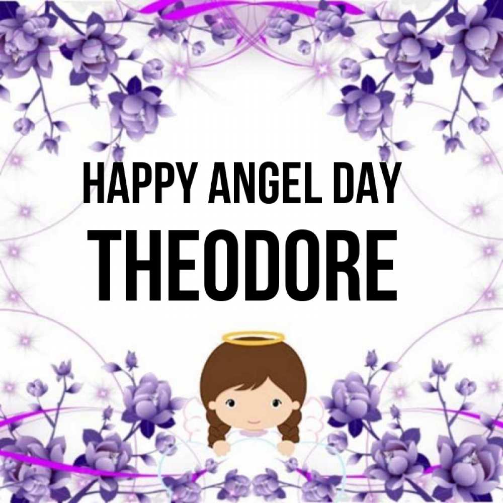 Greetings card с именем, Theodore happy angel day с именинами в рамочке Greetings with text for free download 