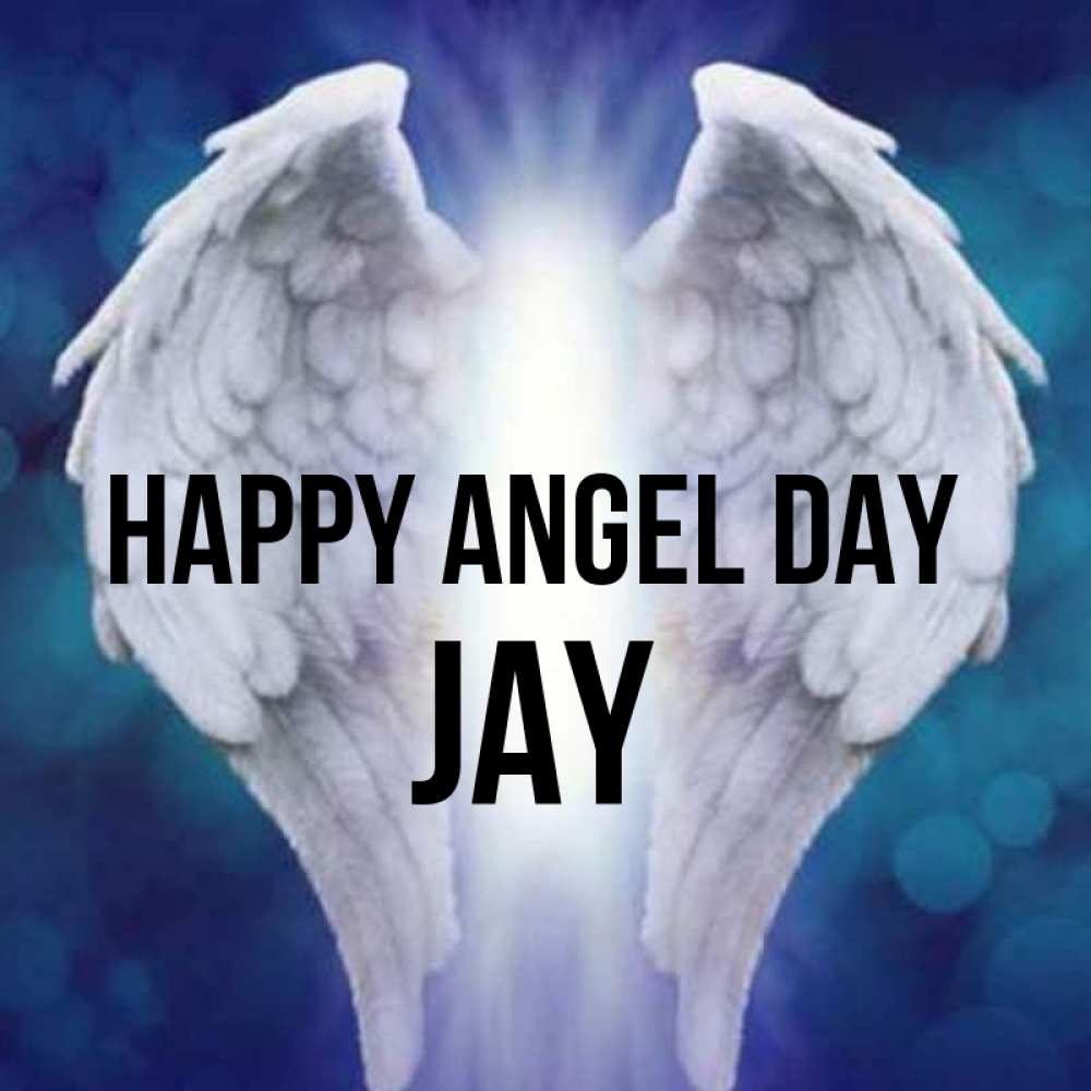 Greetings card с именем, Jay happy angel day синий фон и крылышки Greetings with text for free download 