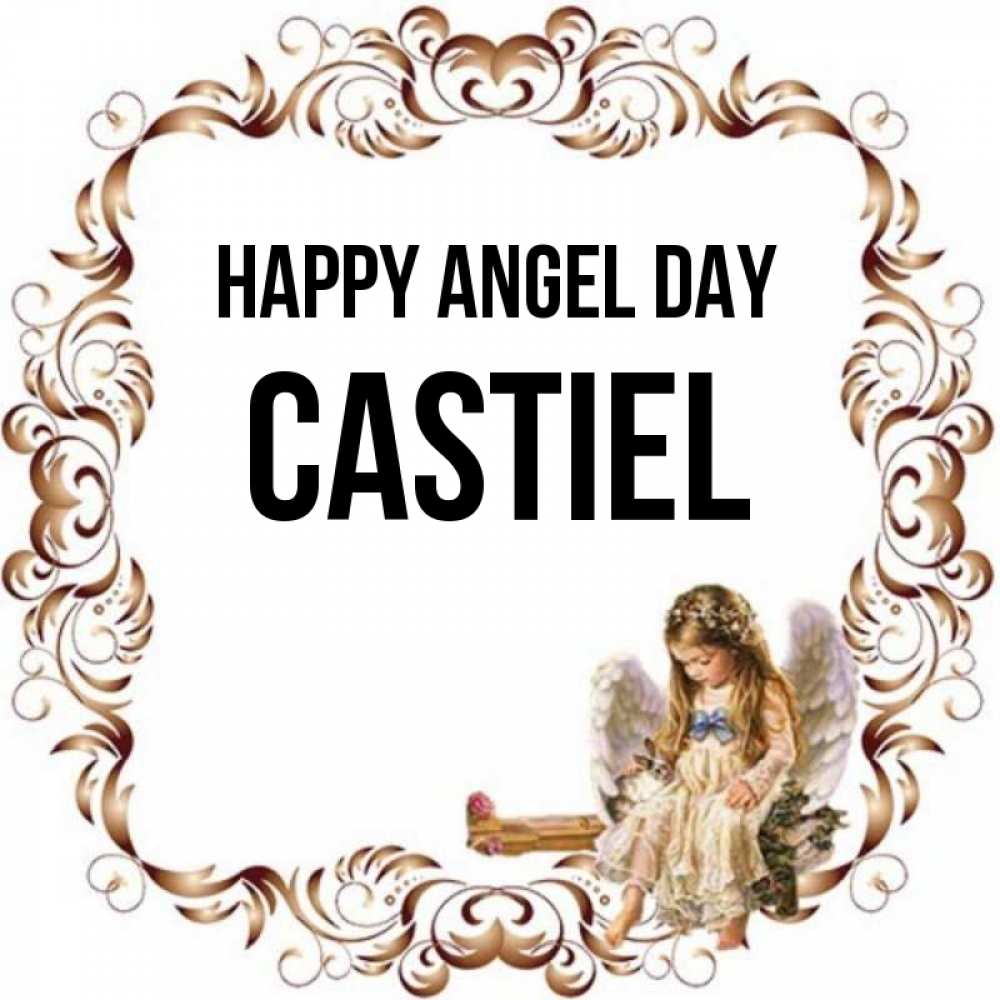 Greetings card с именем, Castiel happy angel day рамочка из перьев и ангелочек Greetings with text for free download 