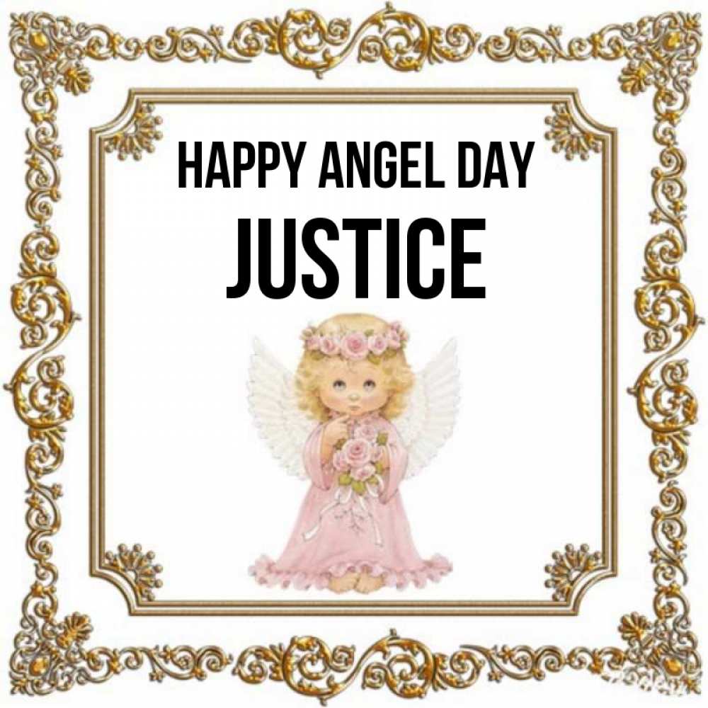 Greetings card с именем, Justice happy angel day девочка ангел с крыльями и цветами в розовом платье Greetings with text for free download 