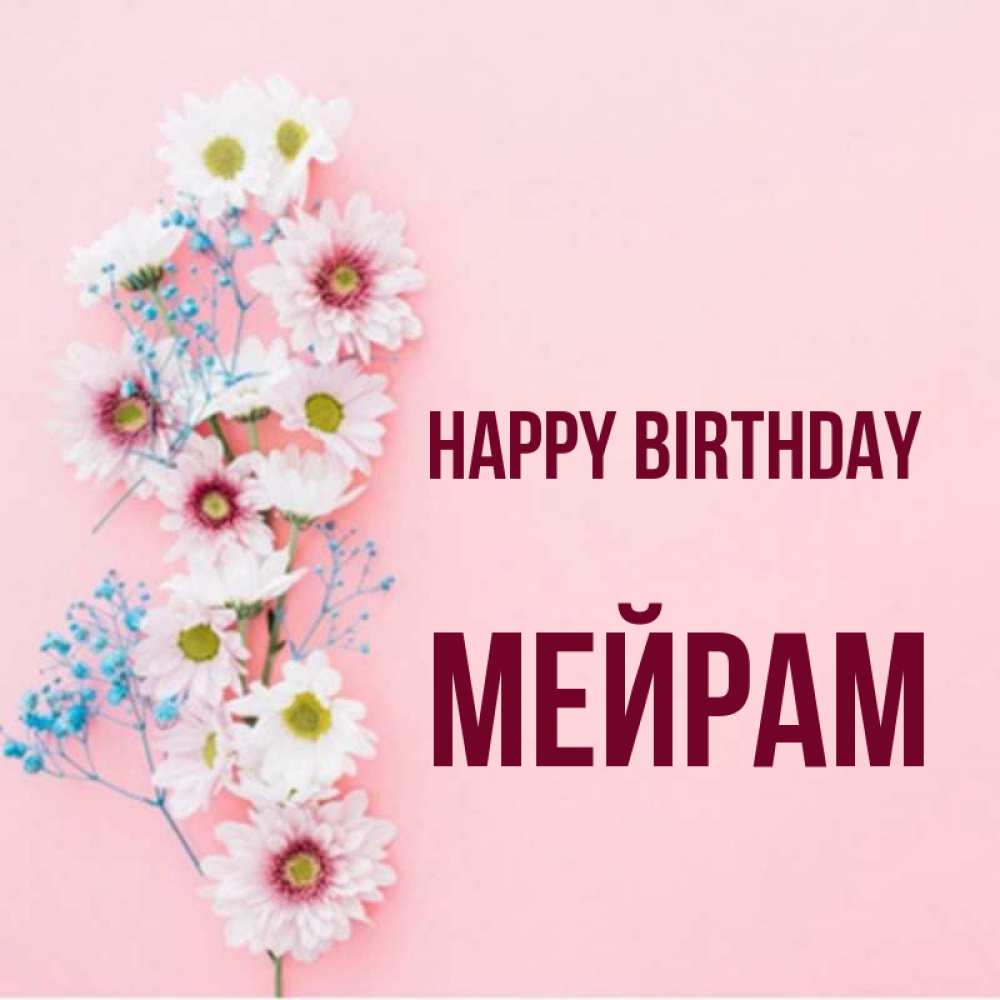 Greetings card с именем, МЕЙРАМ Happy Birthday Родная моя с днем рождения тебя картинка с цветами белыми и голубыми Greetings with text for free download 