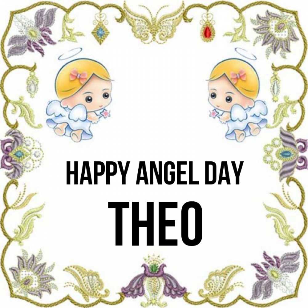 Greetings card с именем, Theo happy angel day маленькие ангелы с крылышками Greetings with text for free download 