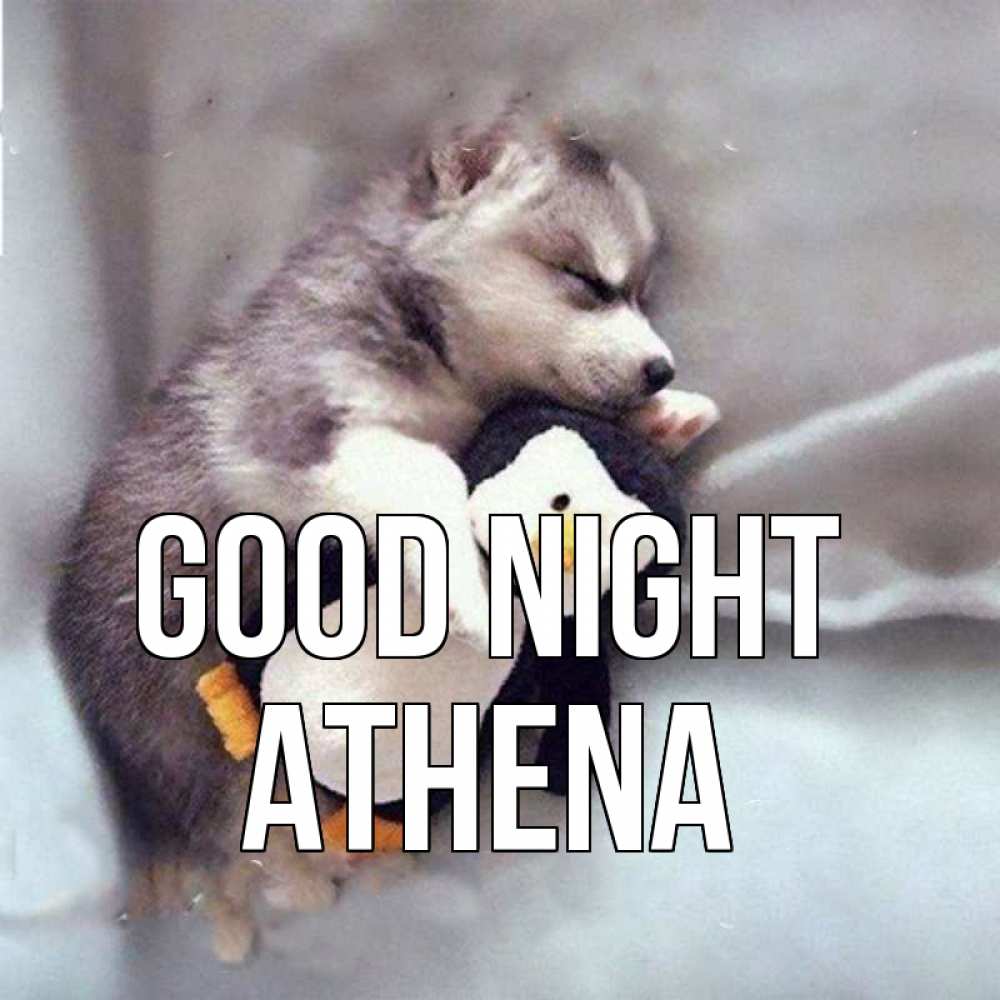 Greetings card с именем, Athena Good night обнимашки щенка и пингвина Greetings with text for free download 