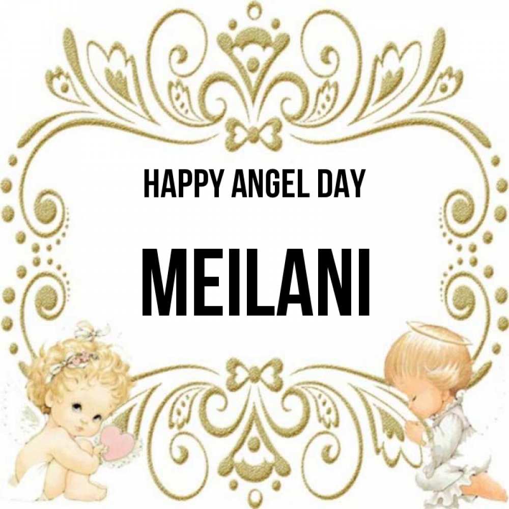 Greetings card с именем, Meilani happy angel day с именинами поздравляют два красивых ангела. Один с сердечком другой молится Greetings with text for free download 