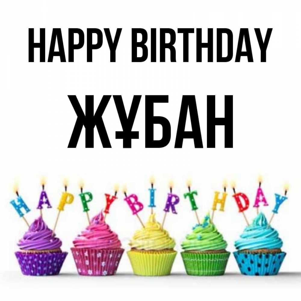 Greetings card с именем, Жұбан Happy Birthday открытка ко дню рождения с разноцветными вкусняшками Greetings with text for free download 