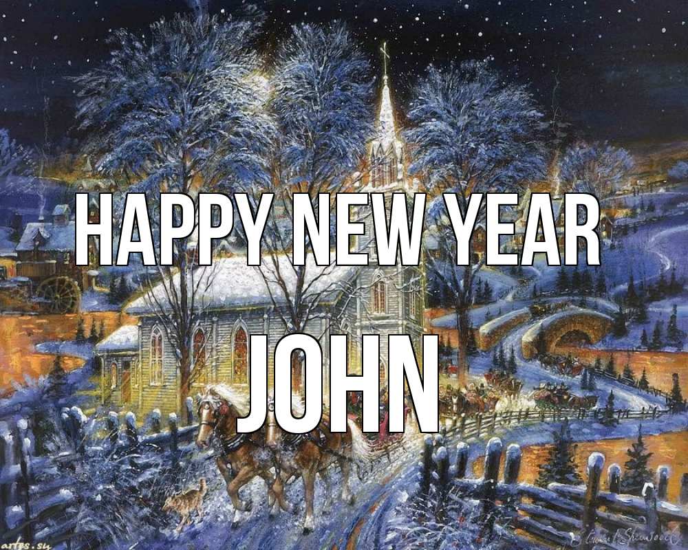 Greetings card с именем, John Happy New Year упряжка лошадей, лошади, новый год Greetings with text for free download 