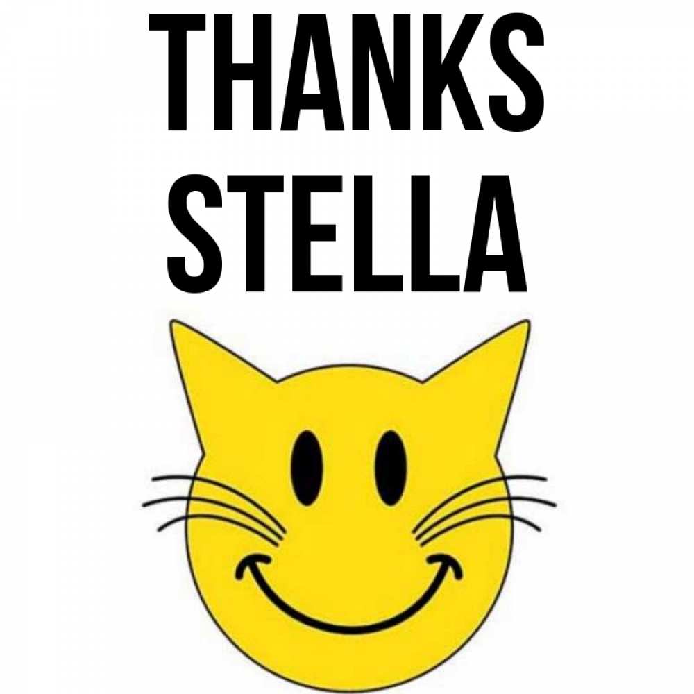 Greetings card с именем, Stella Thanks улыбающийся смайл кот Greetings with text for free download 
