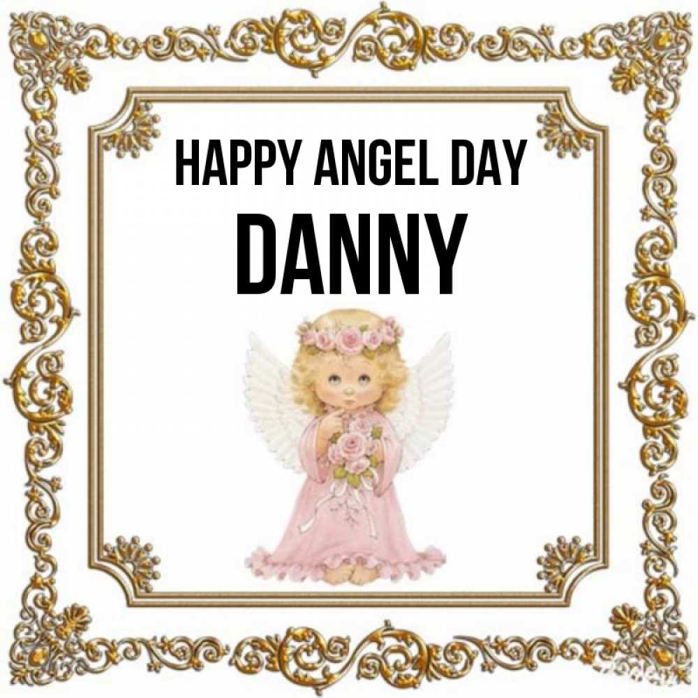 Greetings card с именем, Danny happy angel day девочка ангел с крыльями и цветами в розовом платье Greetings with text for free download 