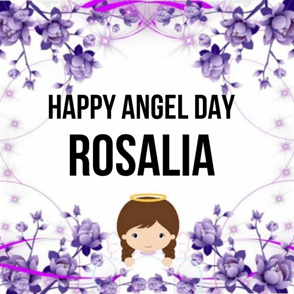 Greetings card с именем, Rosalia happy angel day с именинами в рамочке Greetings with text for free download 