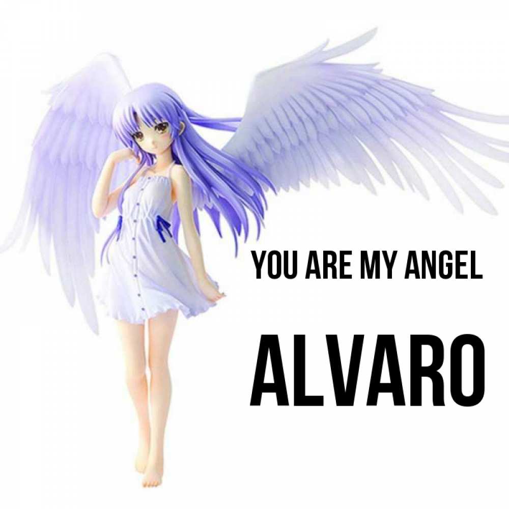 Greetings card с именем, Alvaro You are my angel девушка ангел с фиолетовыми крыльями Greetings with text for free download 
