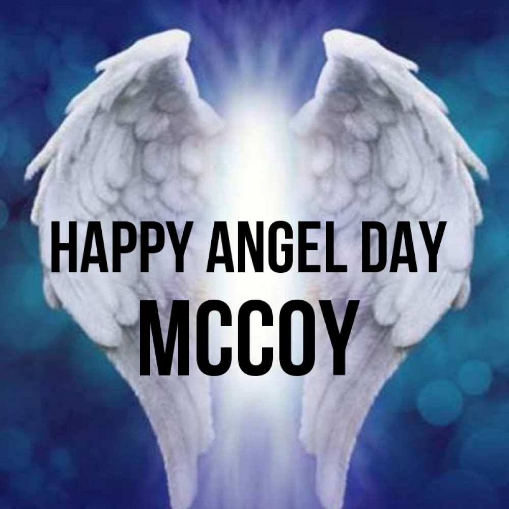 Greetings card с именем, Mccoy happy angel day синий фон и крылышки Greetings with text for free download 