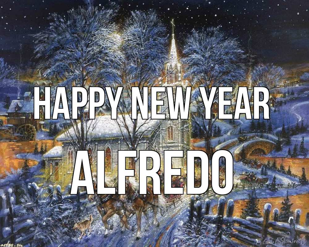 Greetings card с именем, Alfredo Happy New Year упряжка лошадей, лошади, новый год Greetings with text for free download 