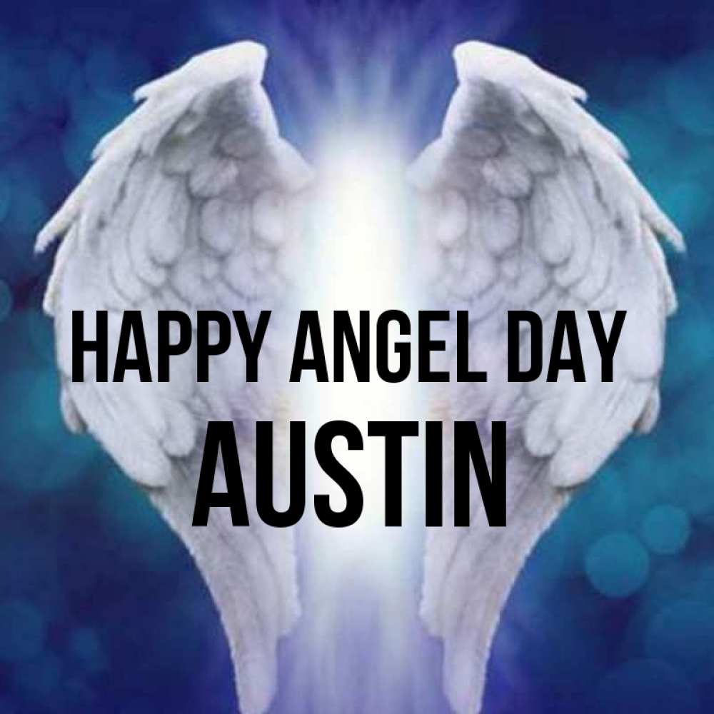 Greetings card с именем, Austin happy angel day синий фон и крылышки Greetings with text for free download 
