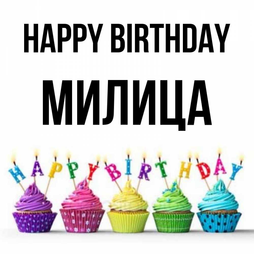 Greetings card с именем, Милица Happy Birthday открытка ко дню рождения с разноцветными вкусняшками Greetings with text for free download 
